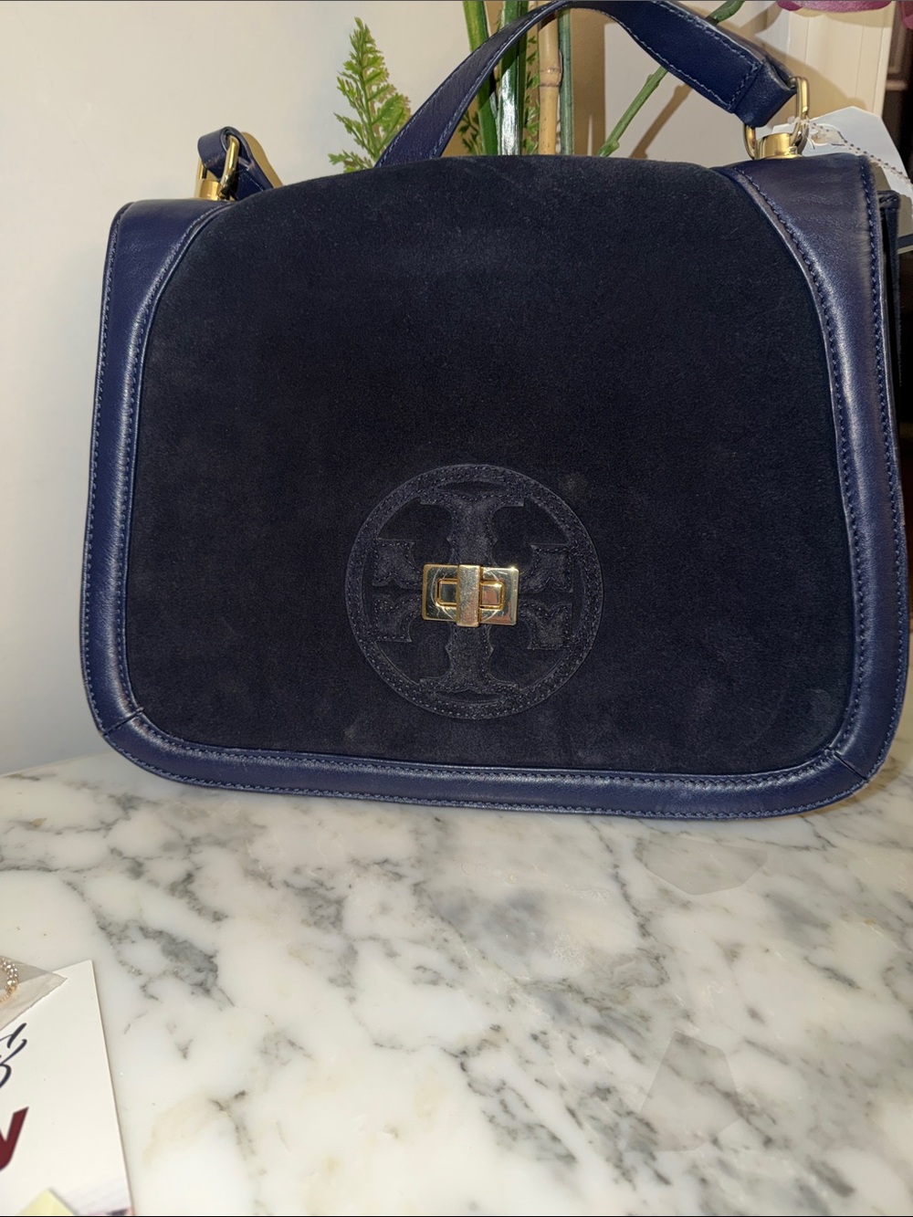 Rare TORY BURCH Hannah~ Navy Leather /Suede Shoulder Bag - EUC